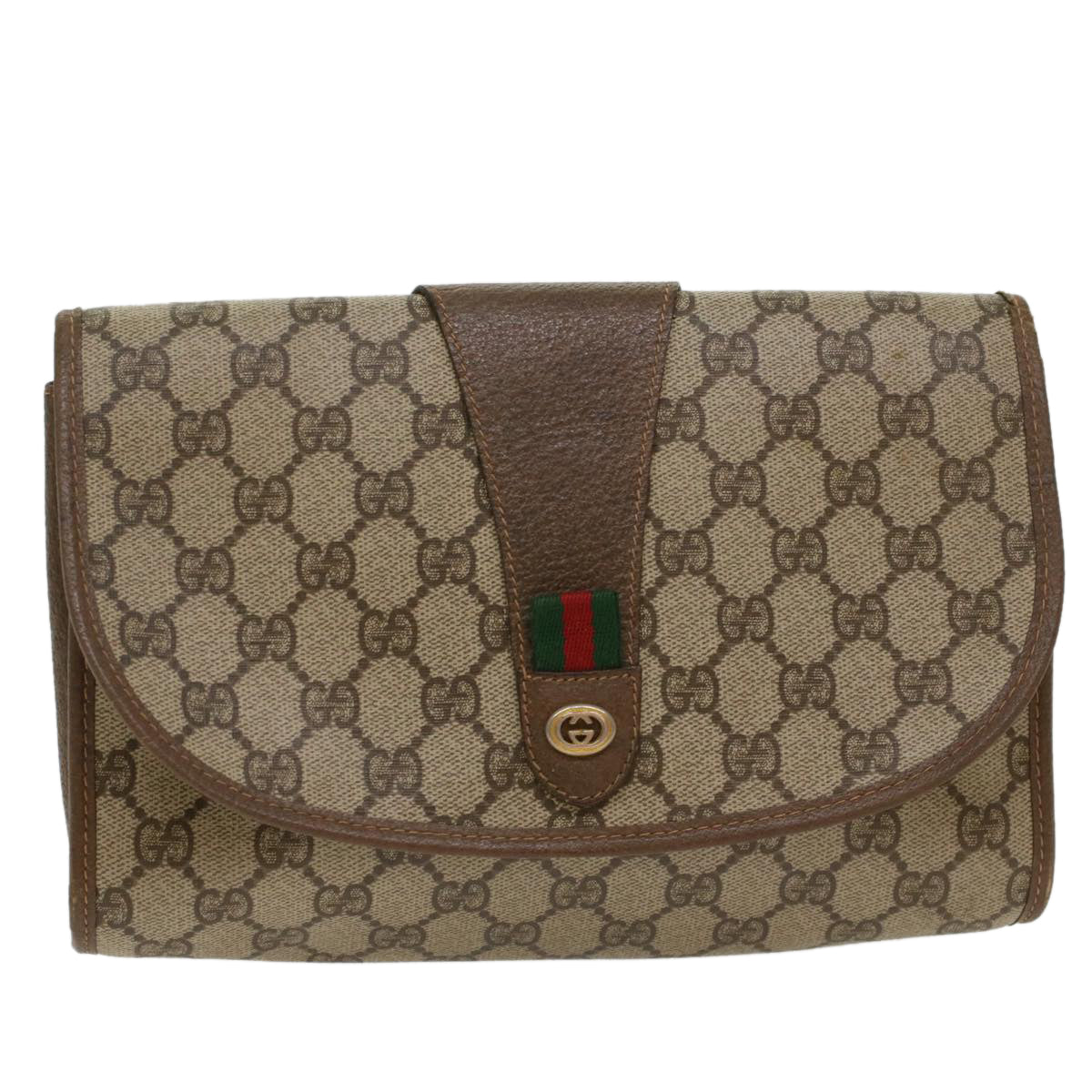 GUCCI GG Canvas Web Sherry Line Clutch Bag PVC Leather Beige Red Auth 48450