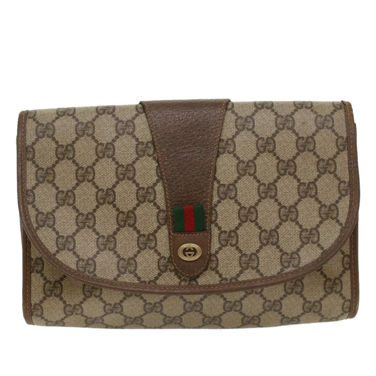 GUCCI GG Canvas Web Sherry Line Clutch Bag PVC Leather Beige Red Auth 48450