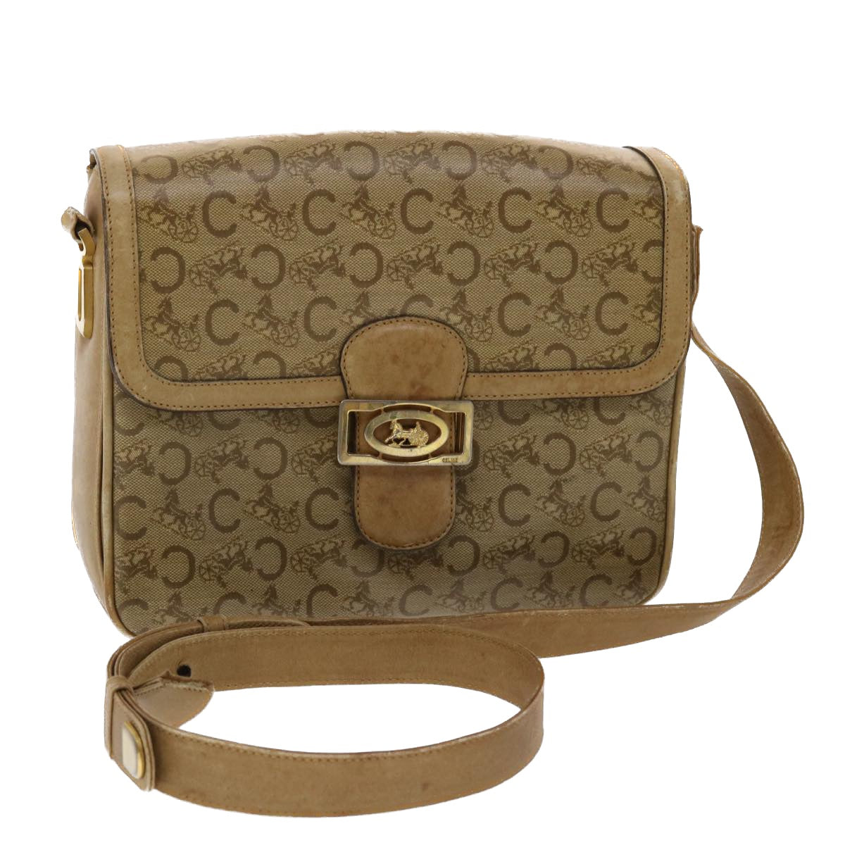 CELINE C Macadam Canvas Shoulder Bag Beige Auth 48459