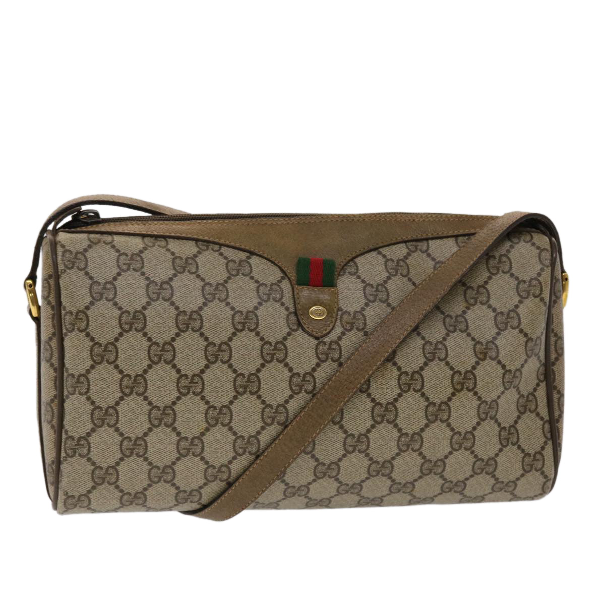 GUCCI GG Canvas Web Sherry Line Shoulder Bag PVC Leather Beige Green Auth 48598