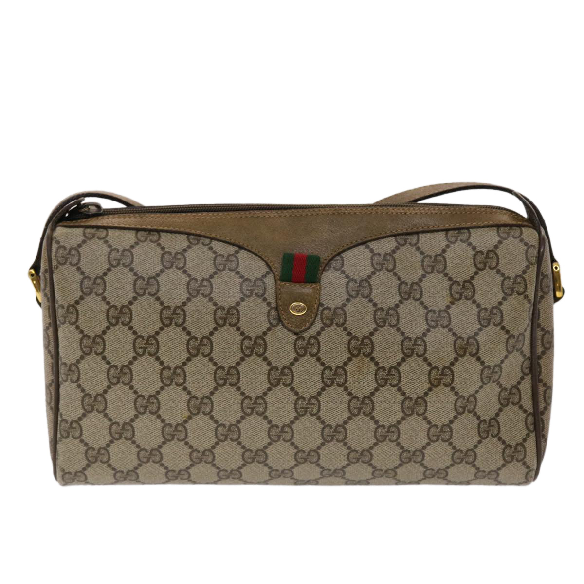 GUCCI GG Canvas Web Sherry Line Shoulder Bag PVC Leather Beige Green Auth 48598