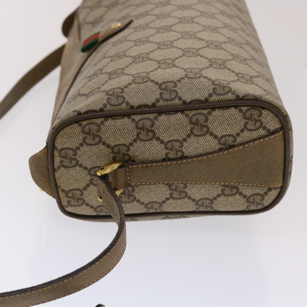 GUCCI GG Canvas Web Sherry Line Shoulder Bag PVC Leather Beige Green Auth 48598