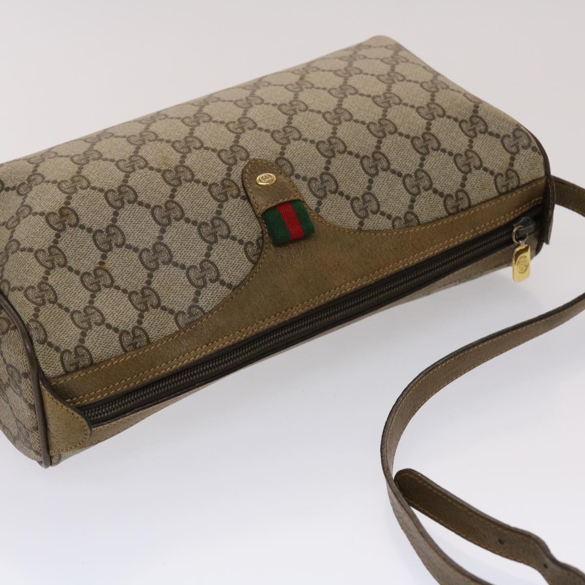 GUCCI GG Canvas Web Sherry Line Shoulder Bag PVC Leather Beige Green Auth 48598