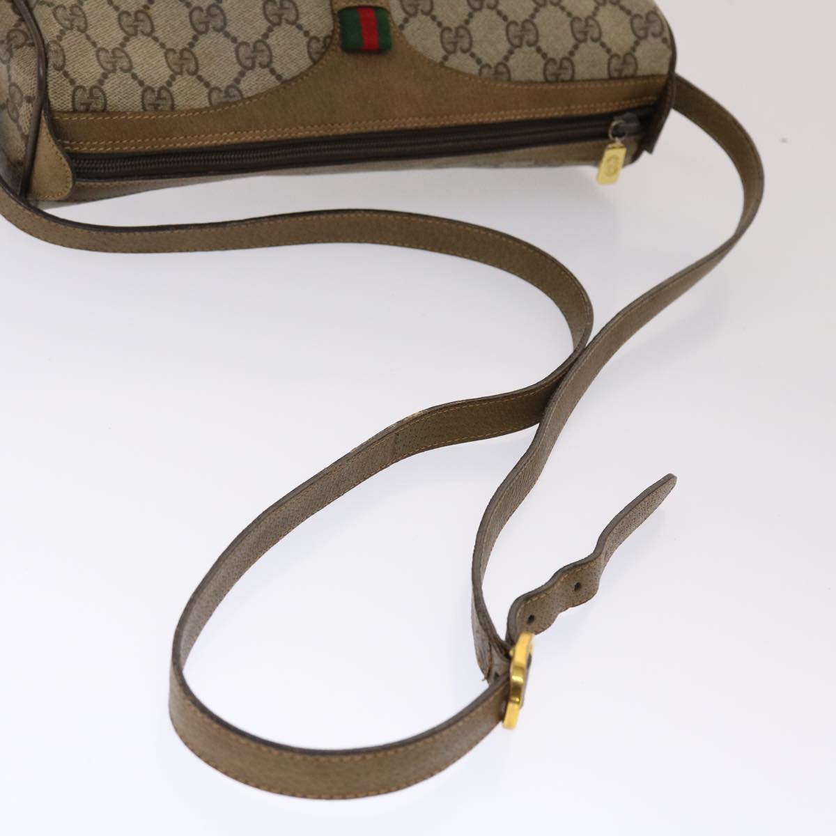 GUCCI GG Canvas Web Sherry Line Shoulder Bag PVC Leather Beige Green Auth 48598