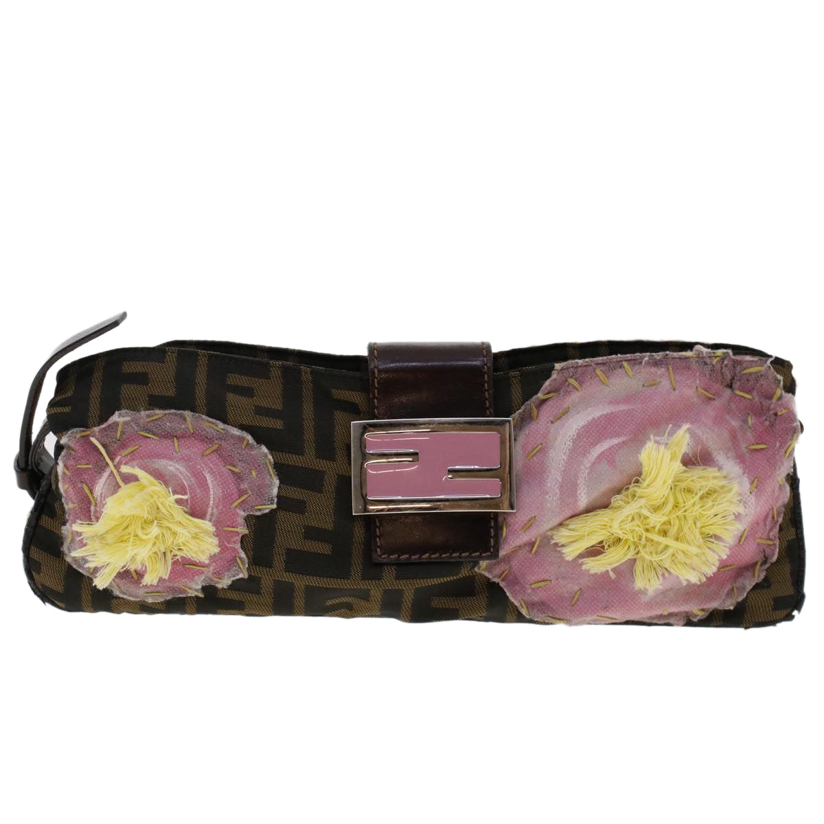 FENDI Zucca Canvas Flower Mamma Baguette Shoulder Bag Nylon Brown Auth 48605 - 0