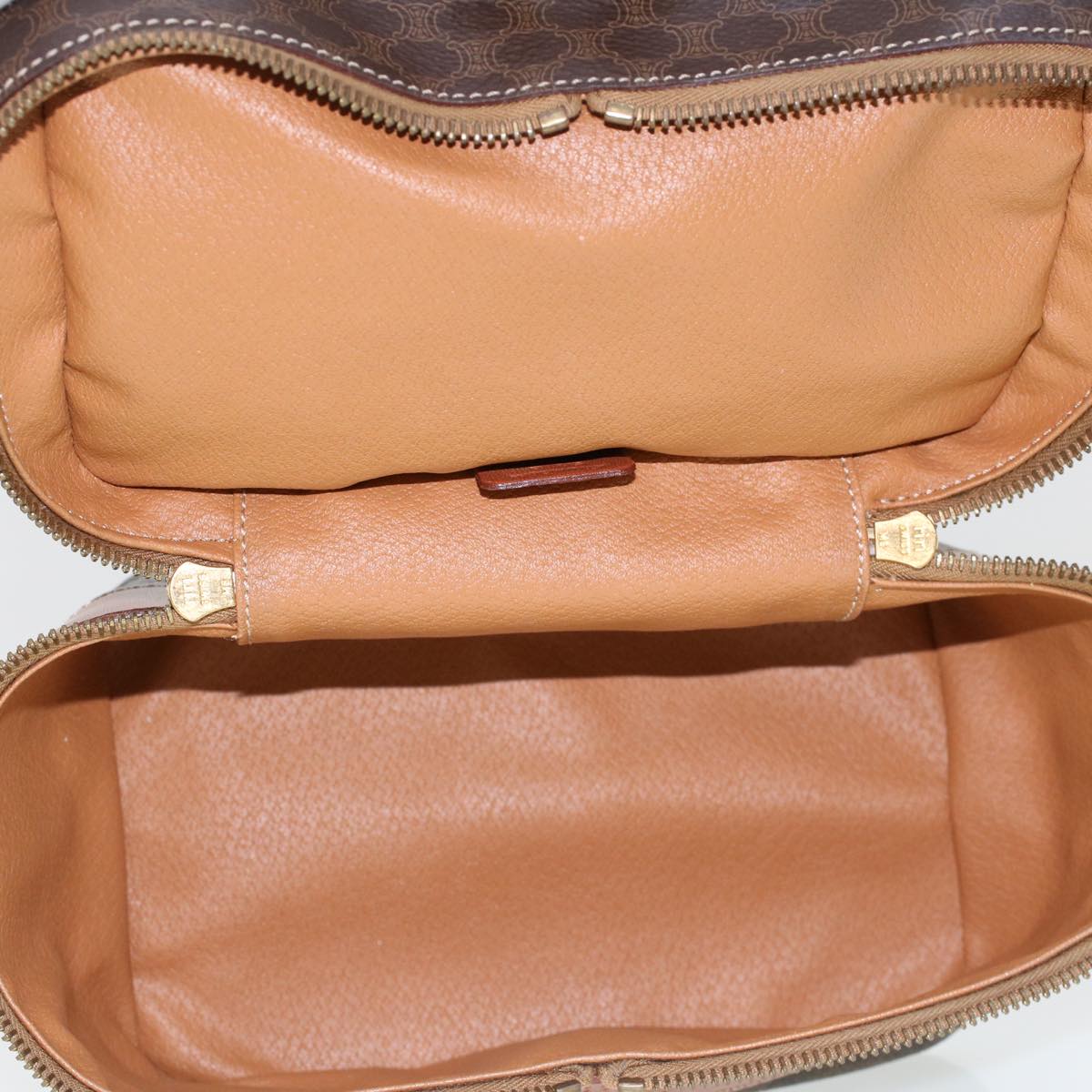 CELINE Macadam Canvas Vanity Cosmetic Pouch PVC Leather Brown Auth 48621