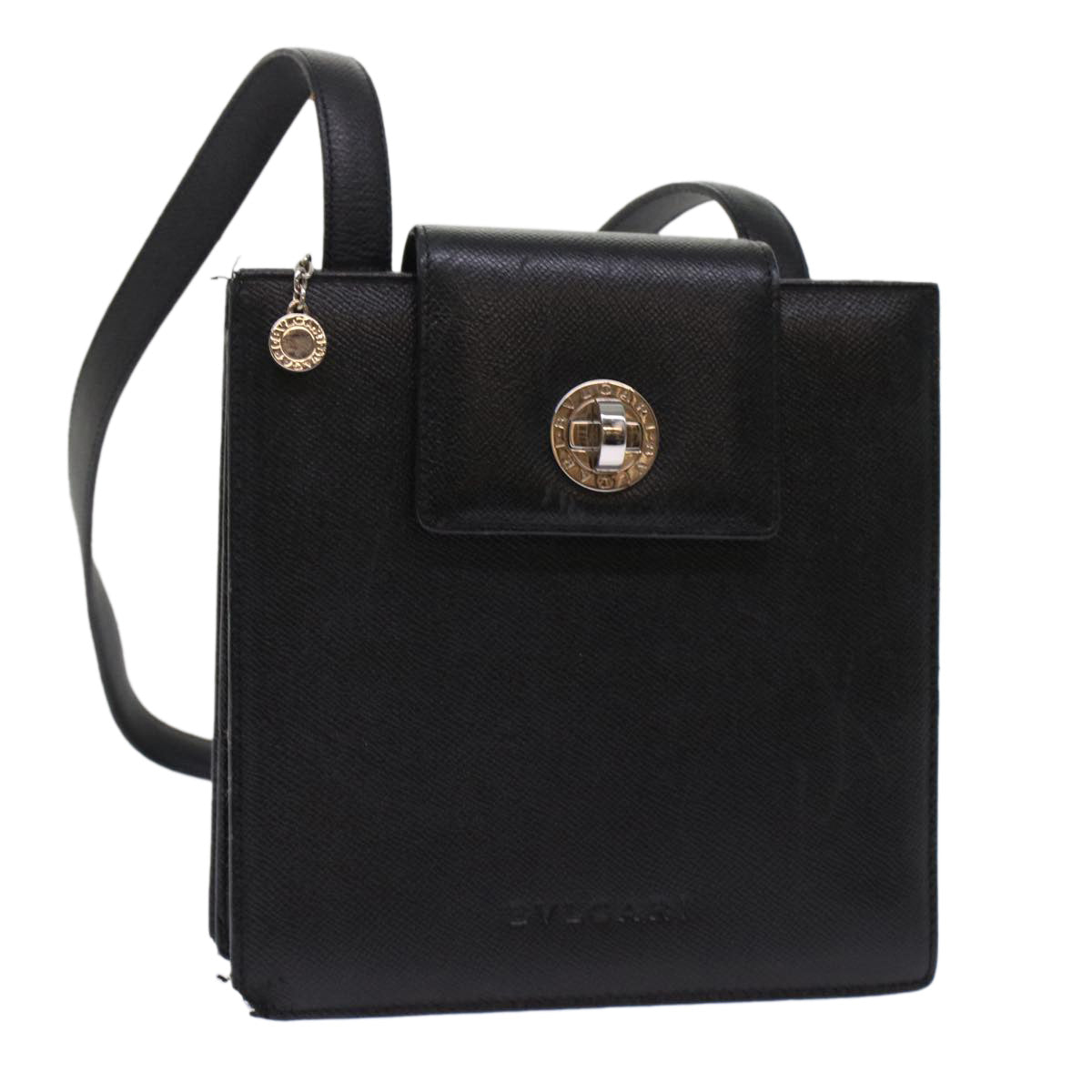 BVLGARI Shoulder Bag Leather Black Auth 48669