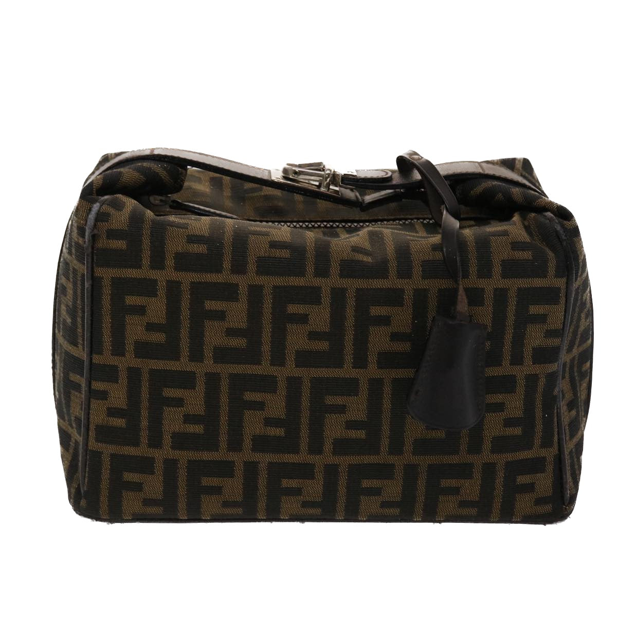 FENDI Zucca Canvas Pouch Leather Black Brown 2111 26348.098 Auth 48685