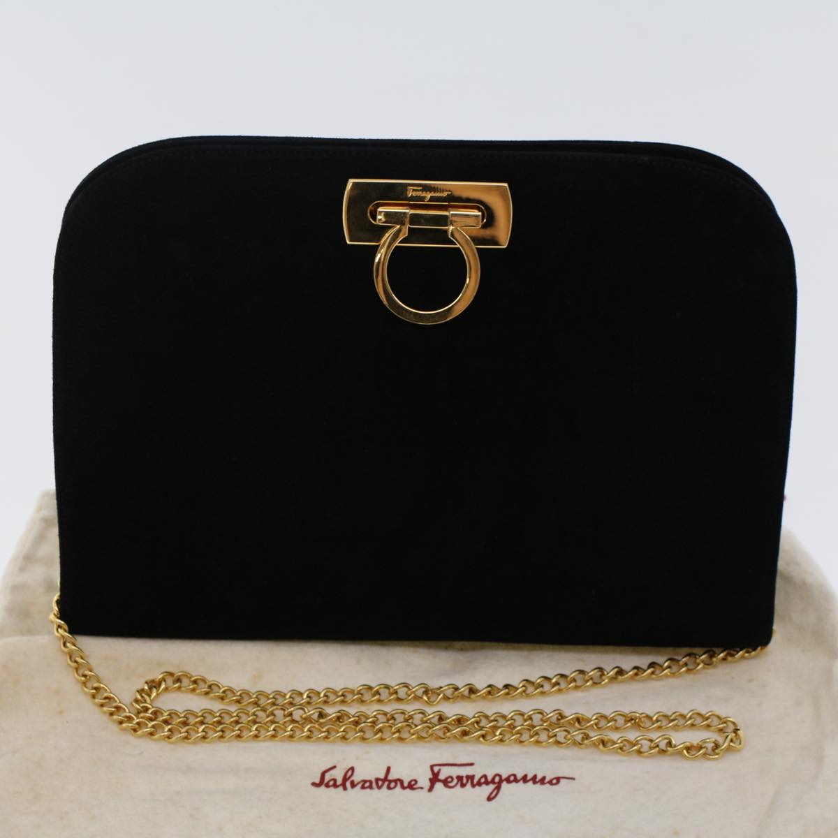 Salvatore Ferragamo Gancini Chain Shoulder Bag Suede Black Auth 48748