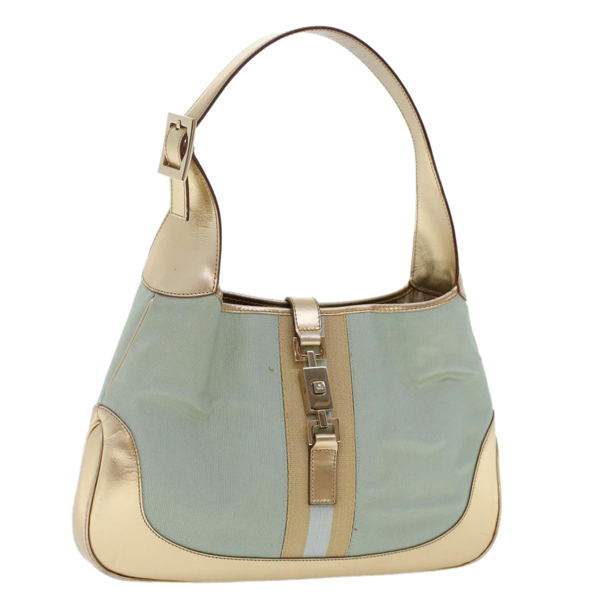 GUCCI Jackie Sherry Line Shoulder Bag Nylon Leather Light Blue Beige Auth 48751