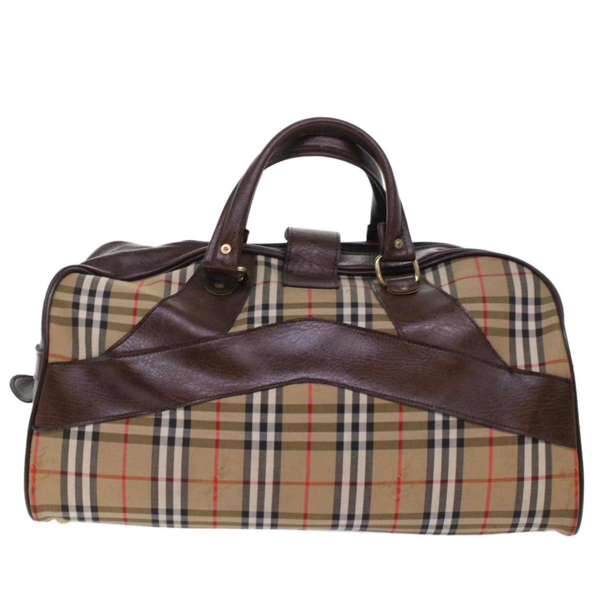 Burberrys Nova Check Boston Bag Canvas Leather Beige Brown Auth 48763 - 0