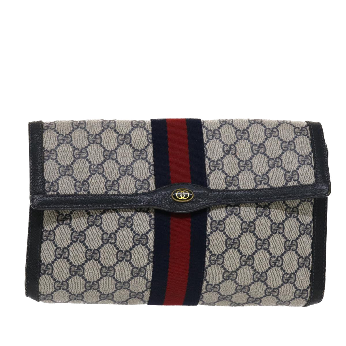 GUCCI GG Canvas Sherry Line Clutch Bag PVC Leather Navy Red Auth 49081