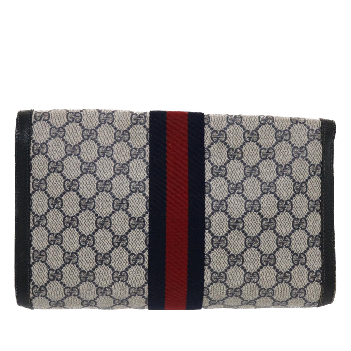 GUCCI GG Canvas Sherry Line Clutch Bag PVC Leather Navy Red Auth 49081 - 0