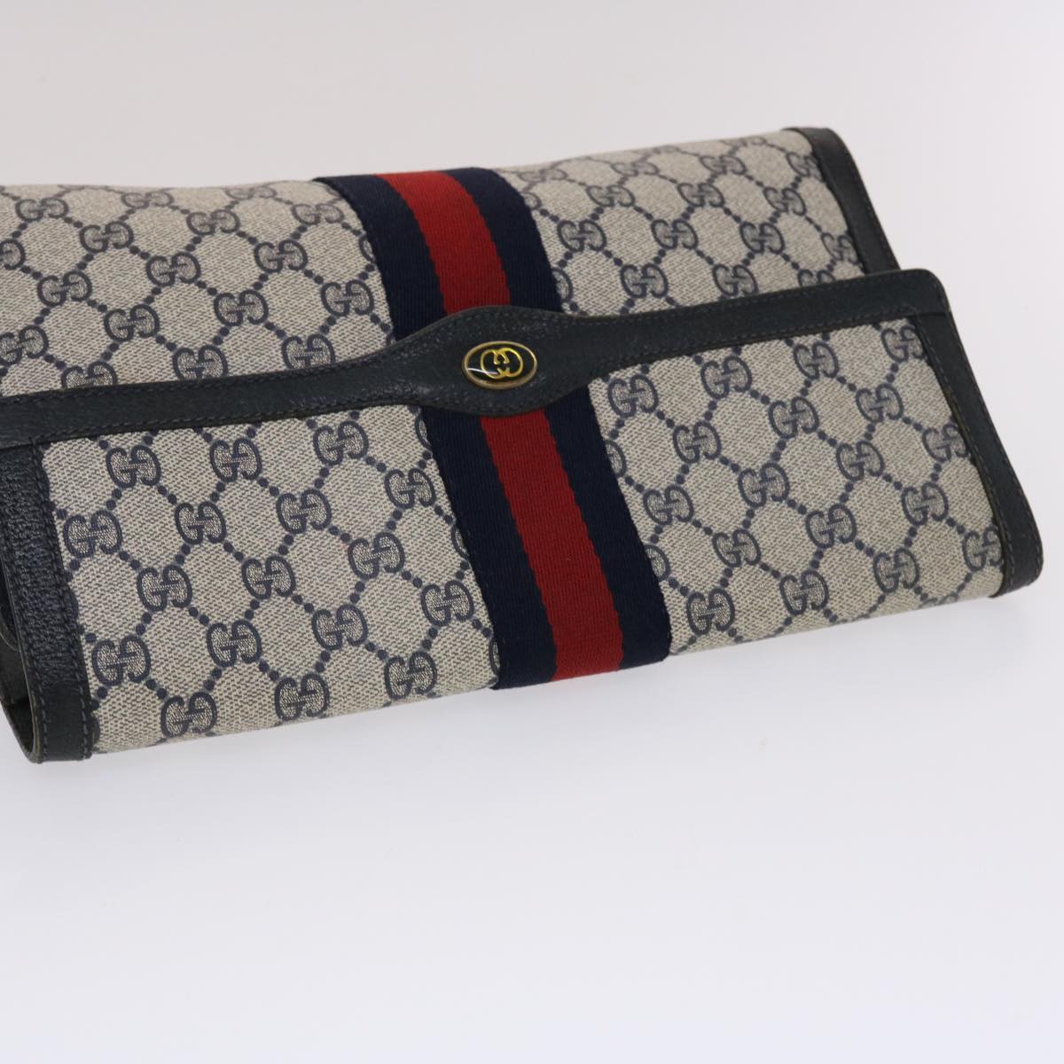 GUCCI GG Canvas Sherry Line Clutch Bag PVC Leather Navy Red Auth 49081