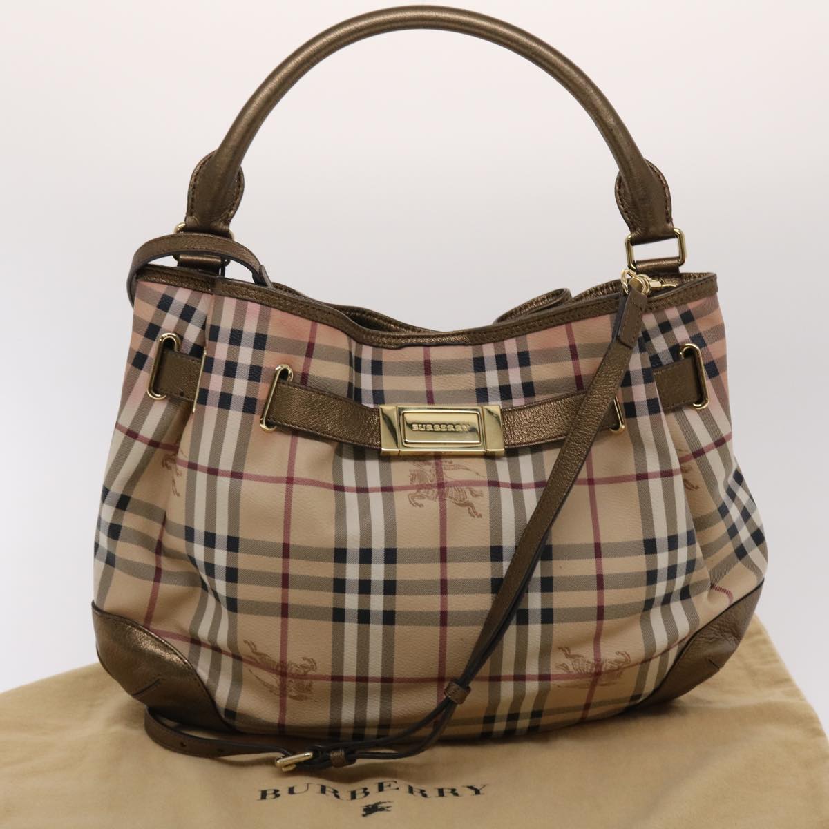 BURBERRY Nova Check Hand Bag PVC Leather 2way Pink Gold Auth 49095