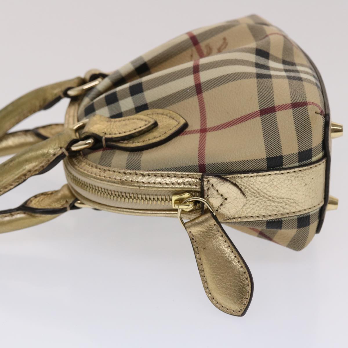 BURBERRY Nova Check Hand Bag PVC Leather Beige Gold Auth 49100