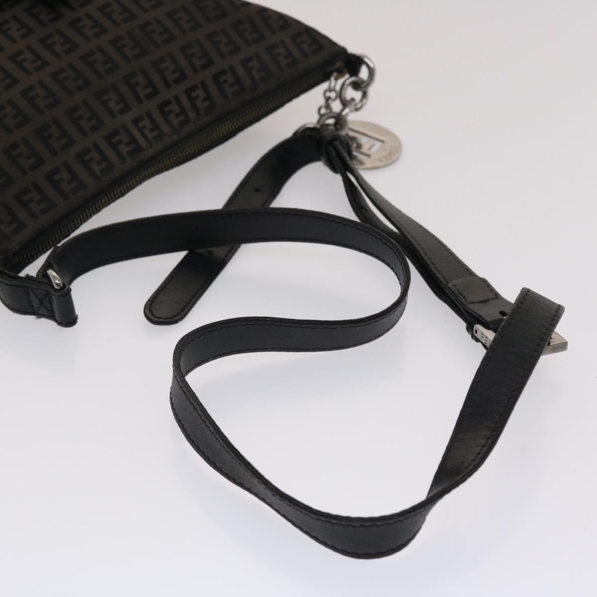 FENDI Zucchino Canvas Chain Shoulder Bag Black Auth 49106