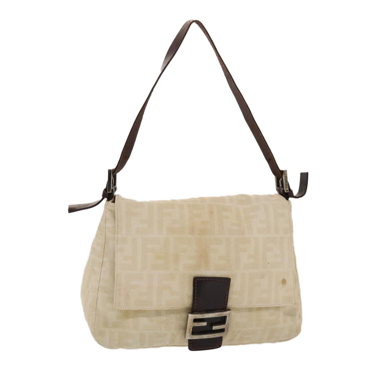 FENDI Zucca Canvas Mamma Baguette Shoulder Bag Canvas Beige Brown Auth 49280