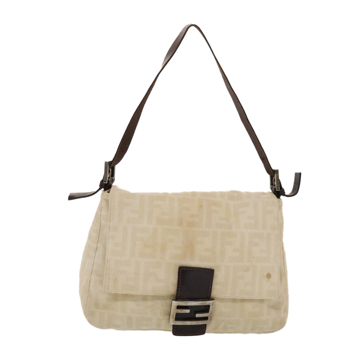 FENDI Zucca Canvas Mamma Baguette Shoulder Bag Canvas Beige Brown Auth 49280