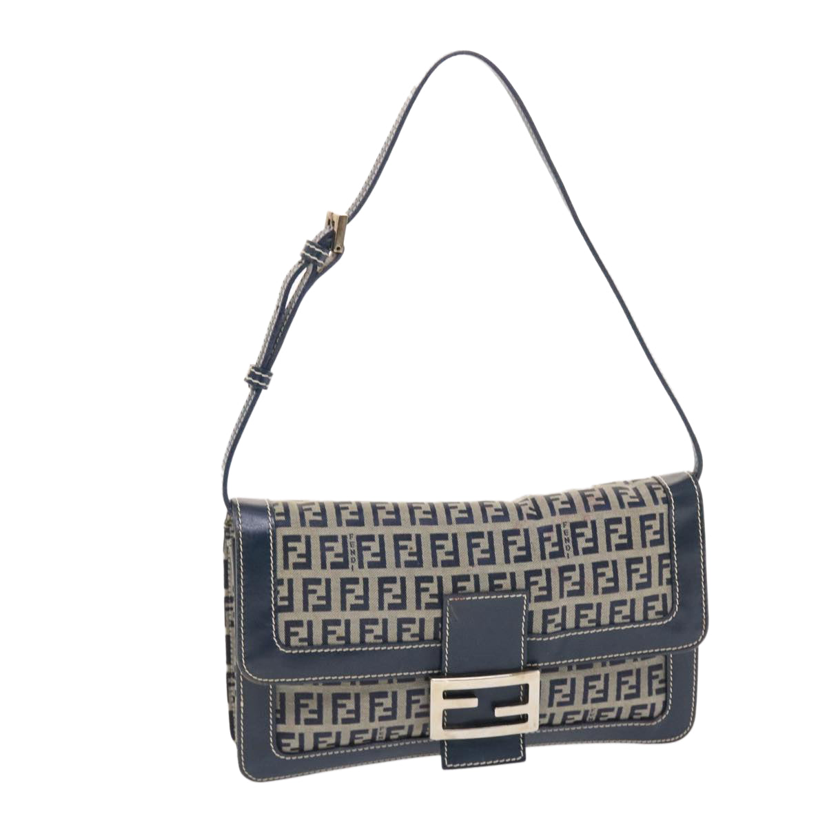 FENDI Zucchino Canvas Mamma Baguette Shoulder Bag Navy Auth 49779