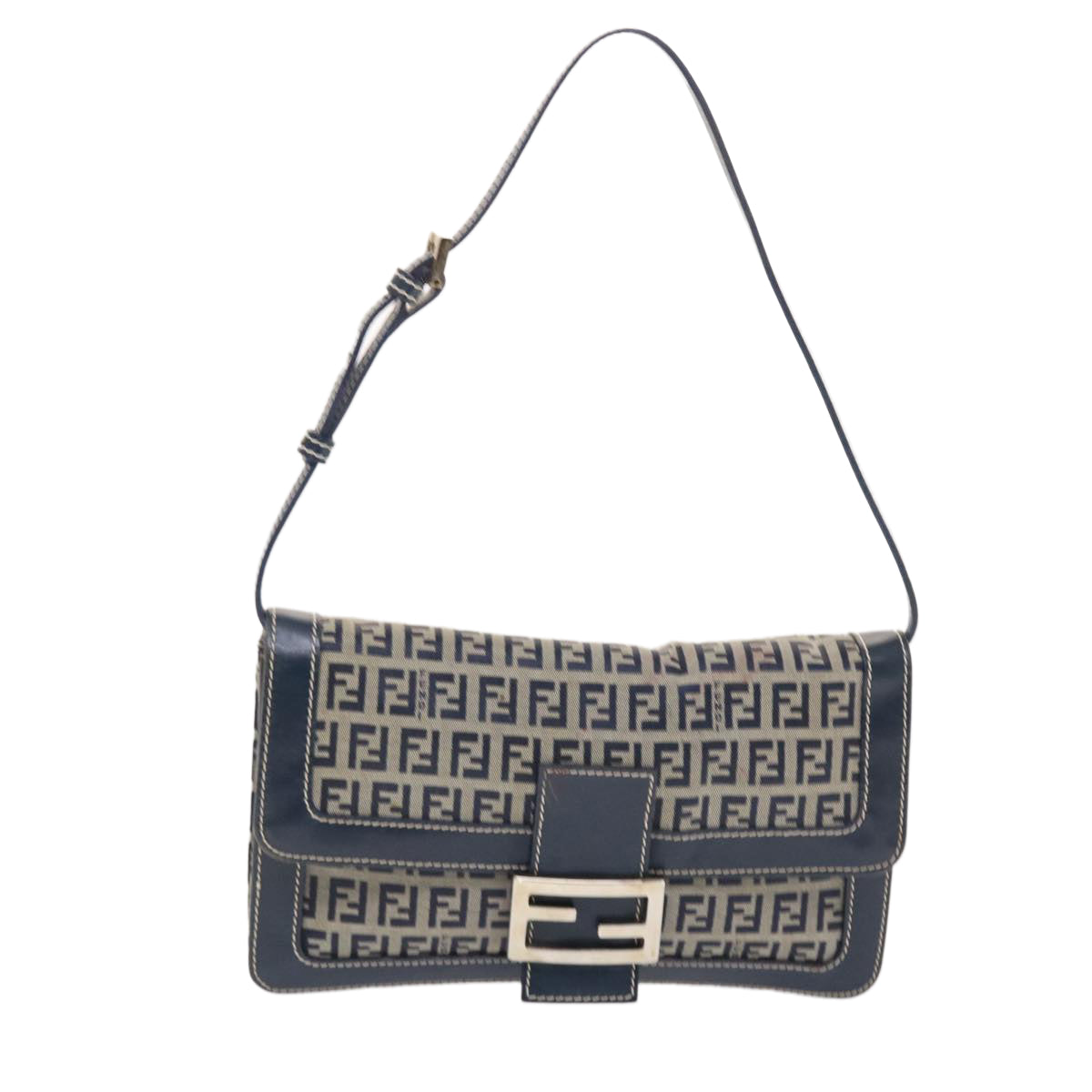 FENDI Zucchino Canvas Mamma Baguette Shoulder Bag Navy Auth 49779