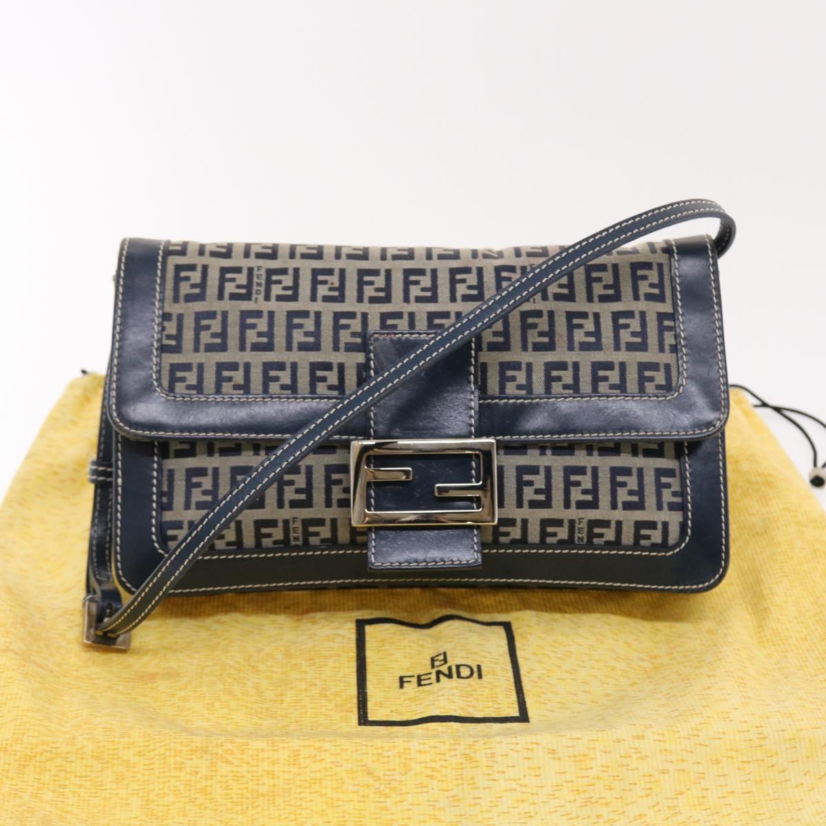 FENDI Zucchino Canvas Mamma Baguette Shoulder Bag Navy Auth 49779