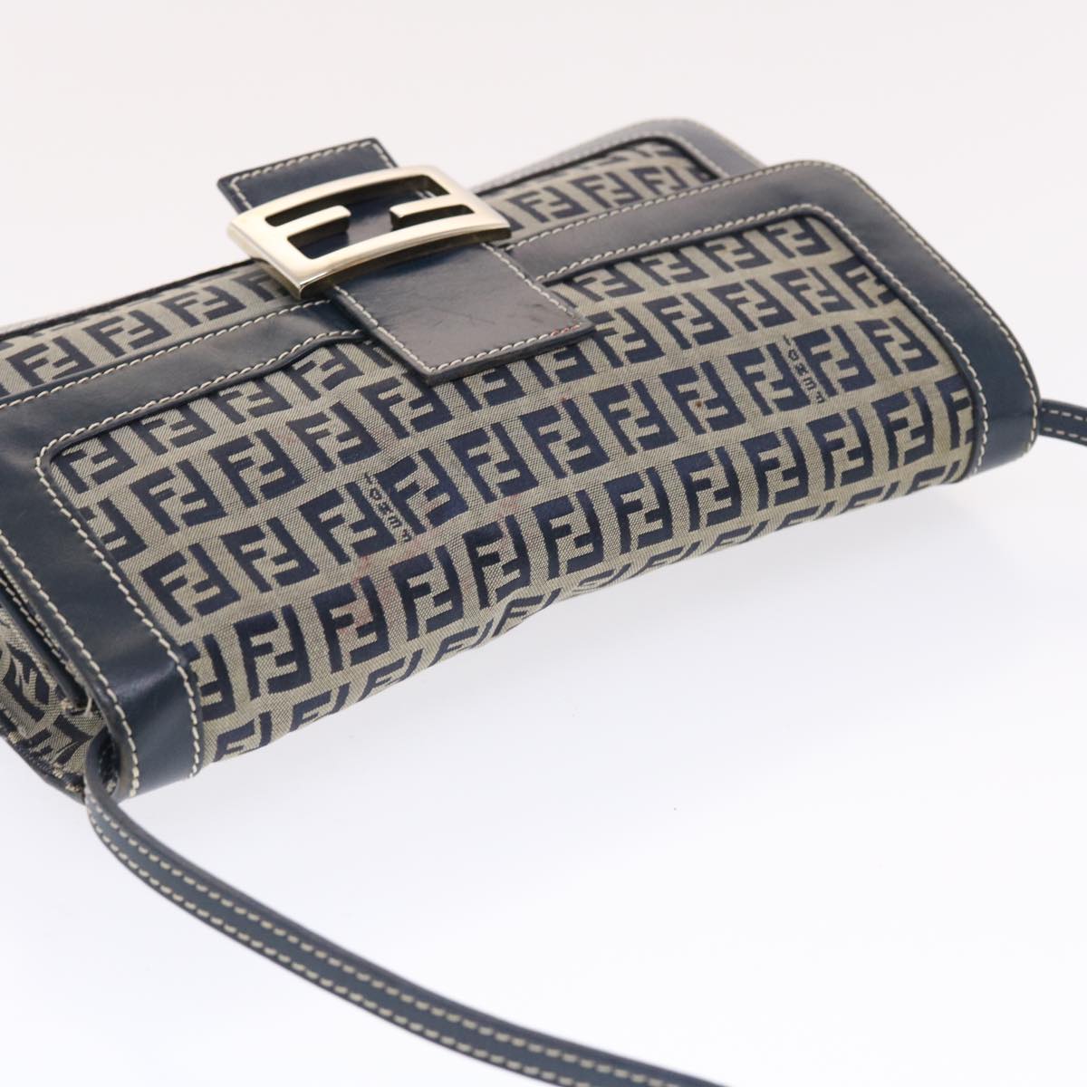 FENDI Zucchino Canvas Mamma Baguette Shoulder Bag Navy Auth 49779