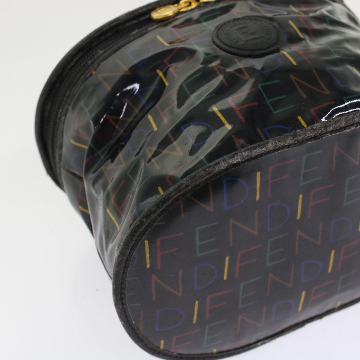 FENDI Vanity Cosmetic Pouch Enamel Black Multicolor Auth 49780