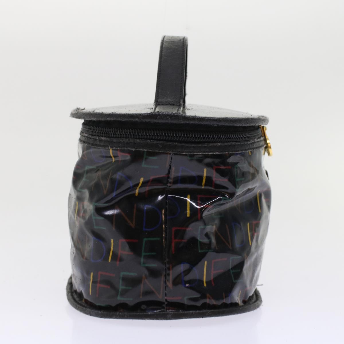 FENDI Vanity Cosmetic Pouch Enamel Black Multicolor Auth 49780