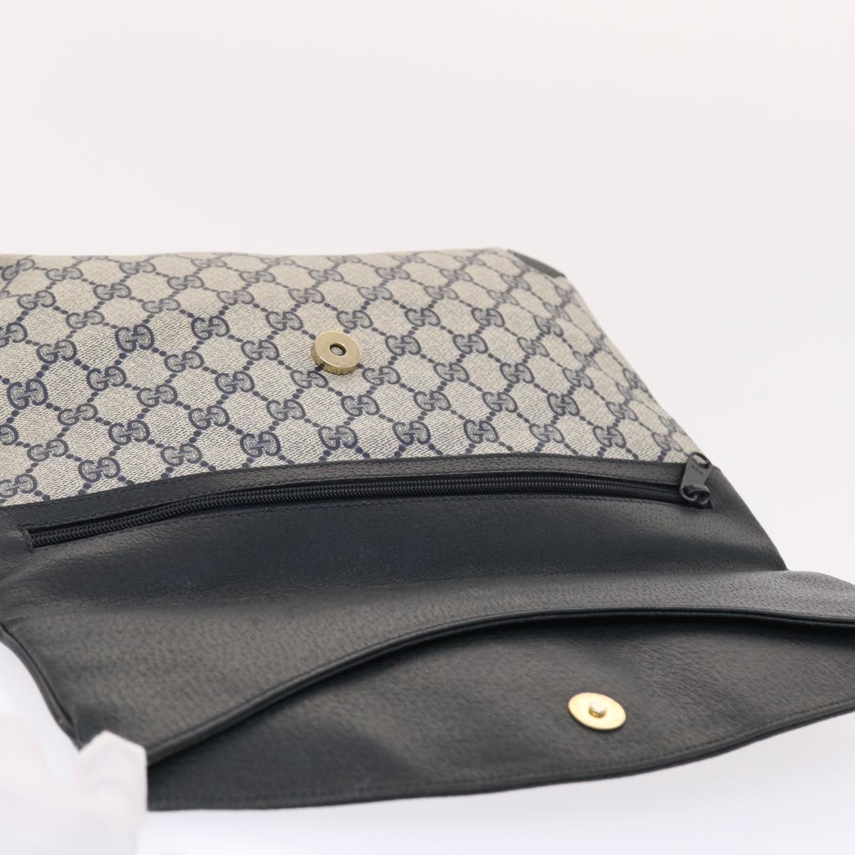 GUCCI GG Canvas Clutch Bag PVC Leather Gray Navy 89 02 075 Auth 49798