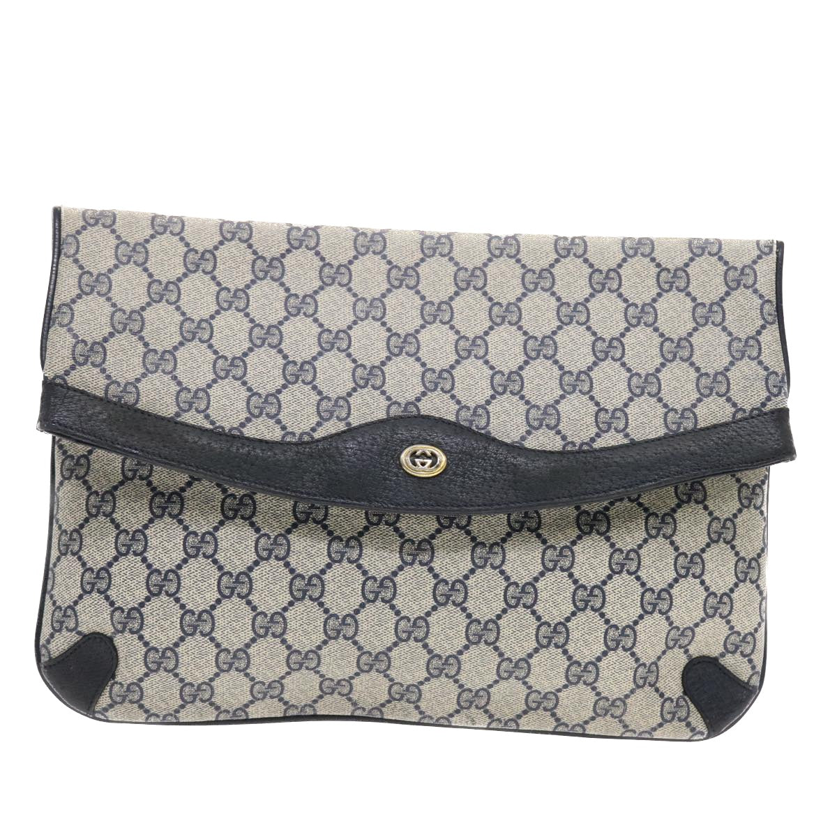 GUCCI GG Canvas Clutch Bag PVC Leather Gray Navy 89 02 075 Auth 49798