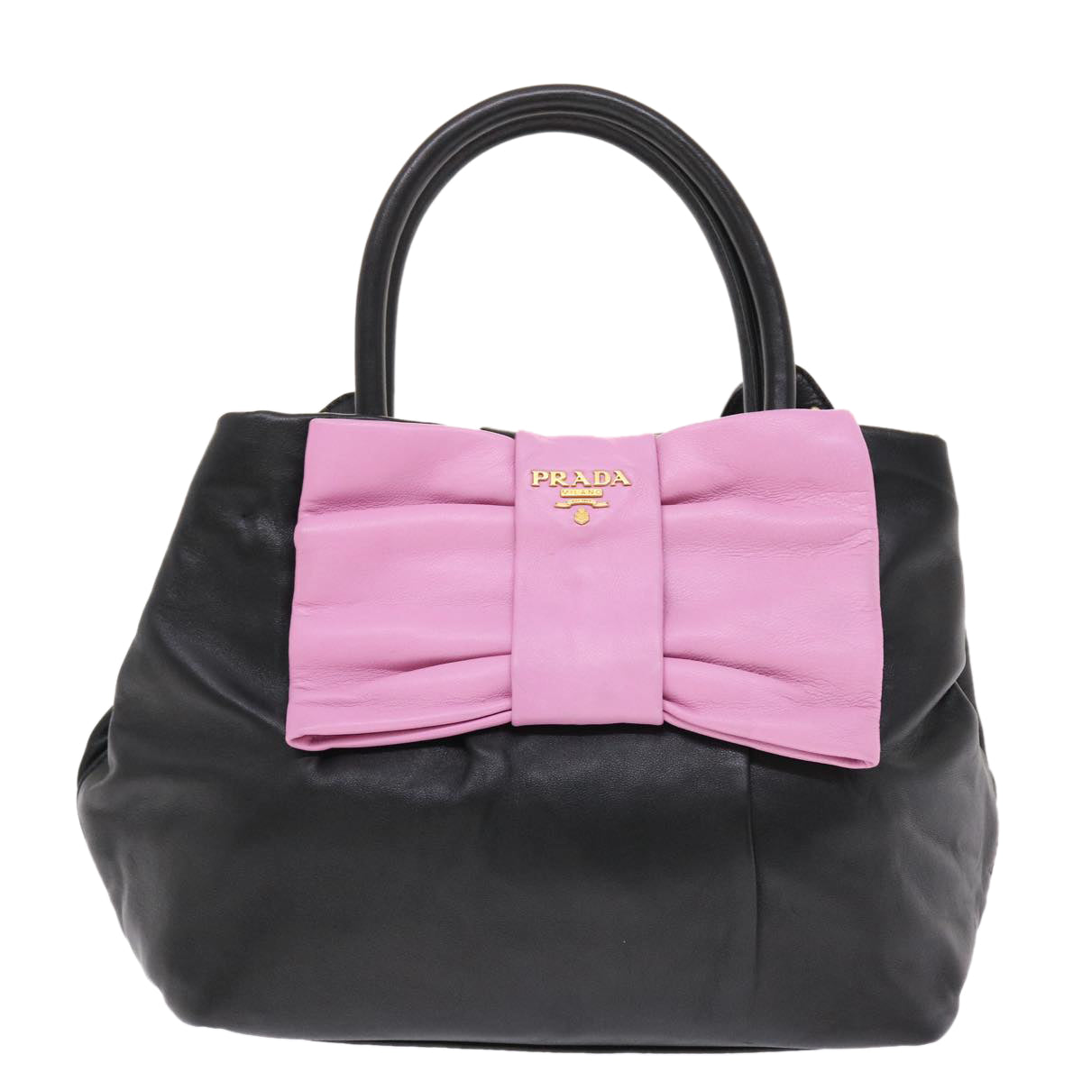 PRADA Ribbon Hand Bag Leather 2way Black Pink Auth 49914