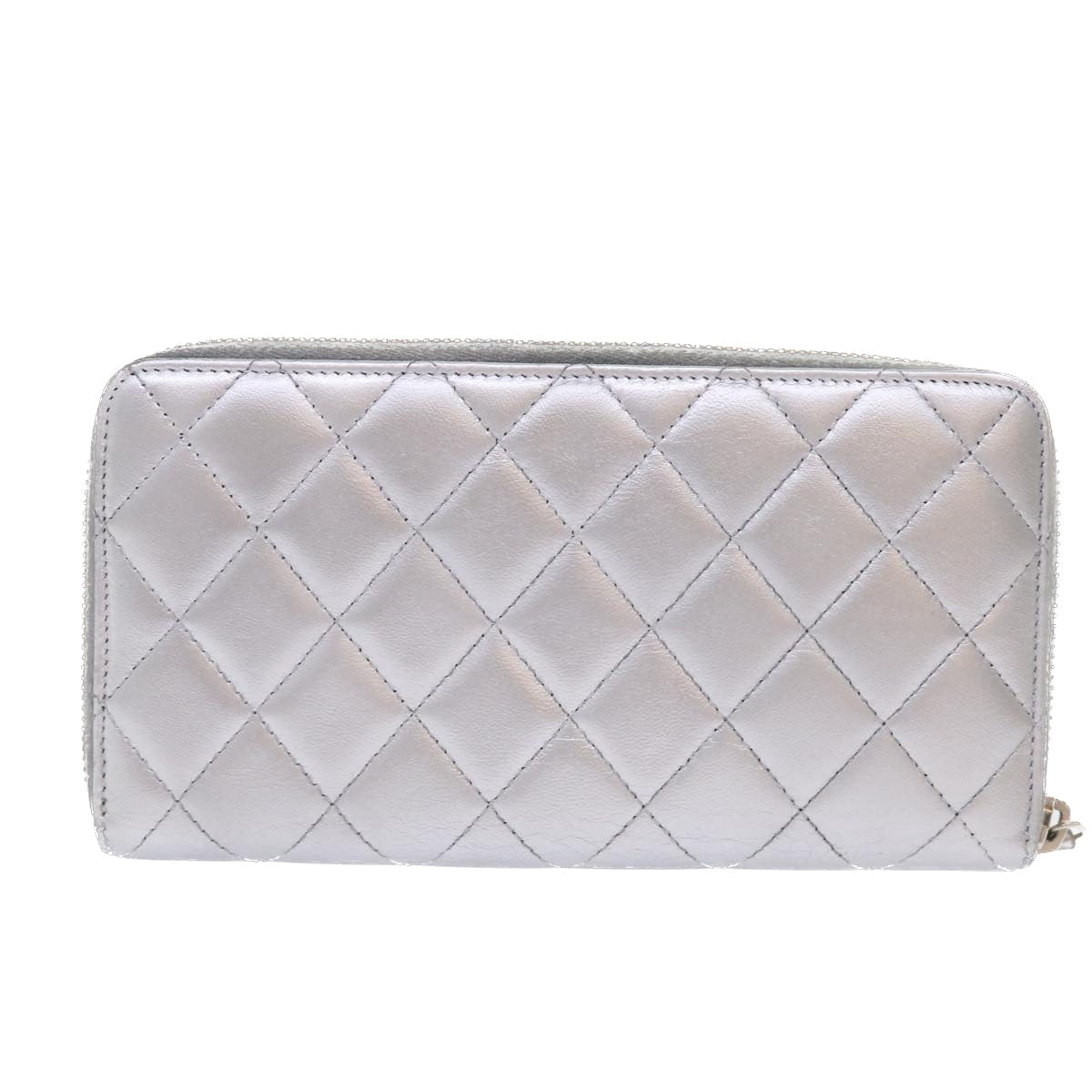 CHANEL Long Wallet Lamb Skin Silver CC Auth 49958A - 0