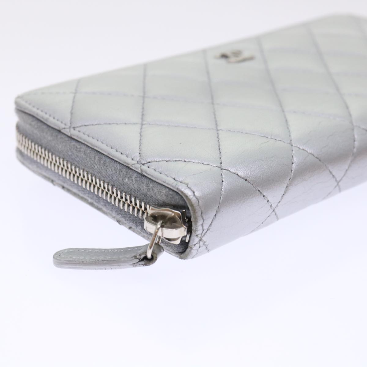 CHANEL Long Wallet Lamb Skin Silver CC Auth 49958A