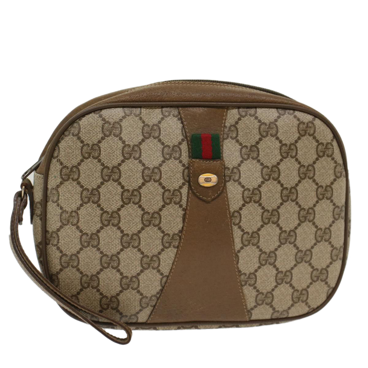 GUCCI GG Canvas Web Sherry Line Clutch Bag Beige Red 89•01•034 Auth 49988