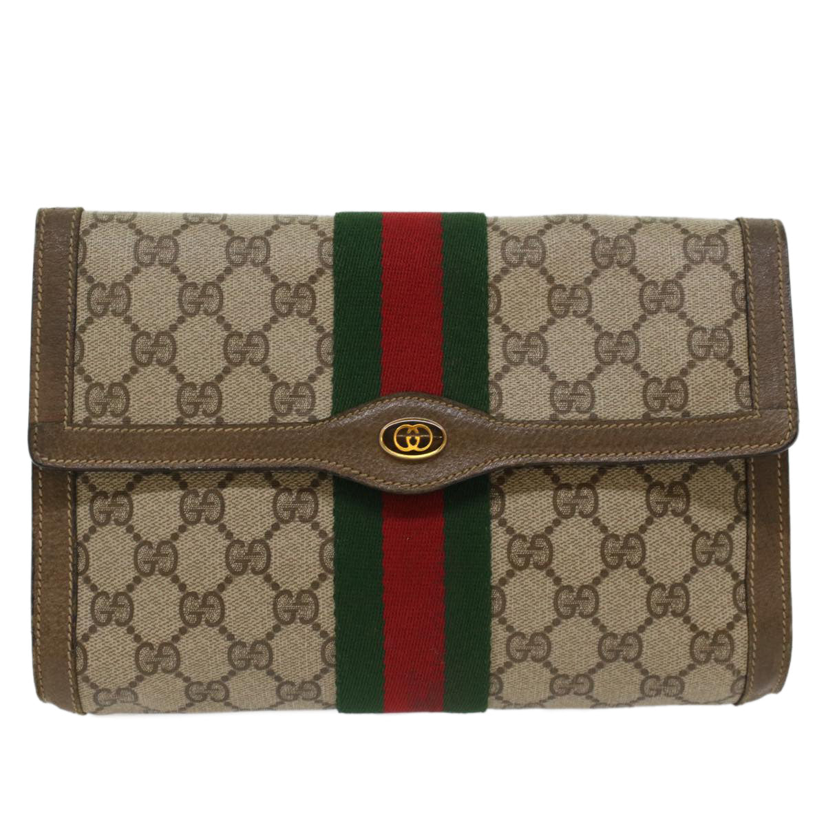 GUCCI GG Canvas Web Sherry Line Clutch Bag PVC Leather Beige Red Auth 49998