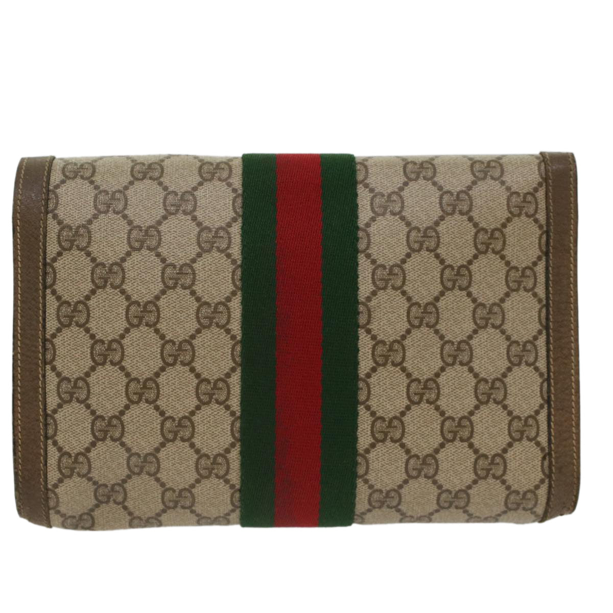 GUCCI GG Canvas Web Sherry Line Clutch Bag PVC Leather Beige Red Auth 49998 - 0