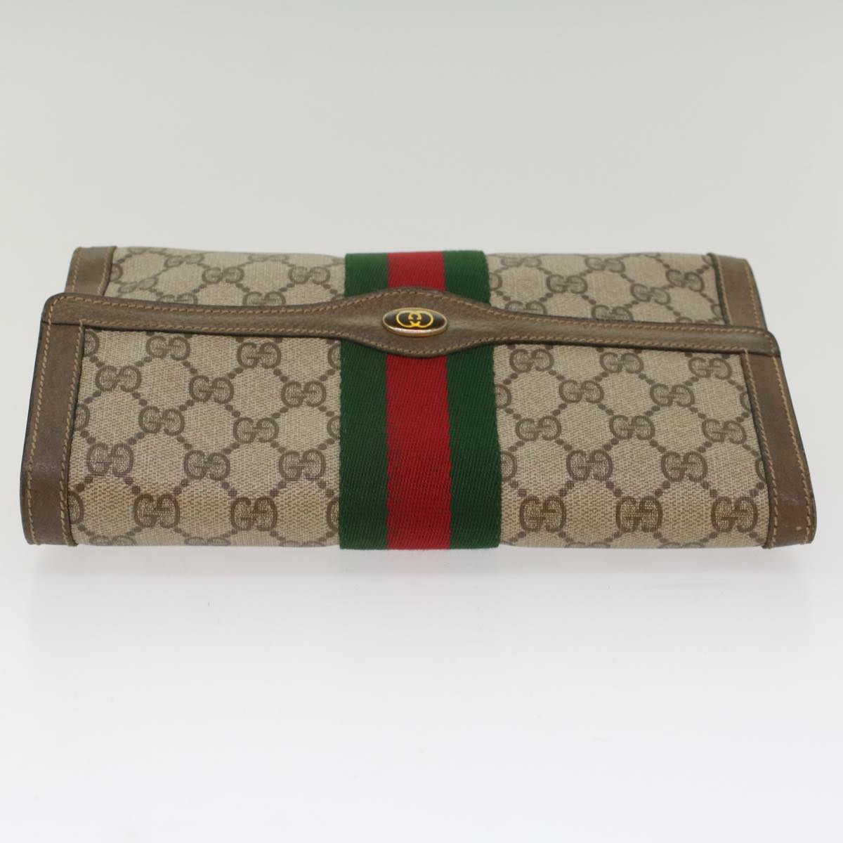 GUCCI GG Canvas Web Sherry Line Clutch Bag PVC Leather Beige Red Auth 49998