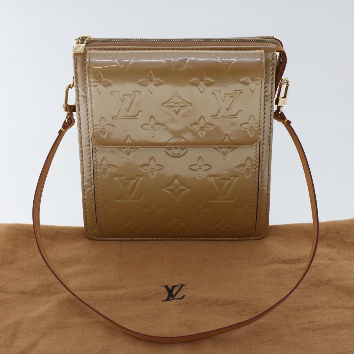 LOUIS VUITTON Monogram Vernis Motto Pouch 2way Noisette M91136 LV Auth 50131