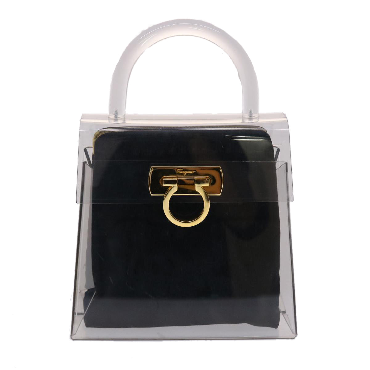 Salvatore Ferragamo Gancini Hand Bag Plastic Clear Gold Black Auth 50190A