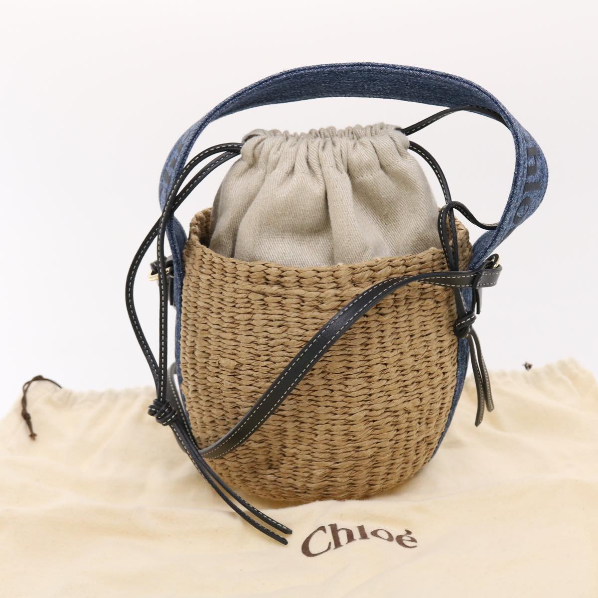 Chloe Woody Shoulder Bag Straw Canvas Beige Auth 50195