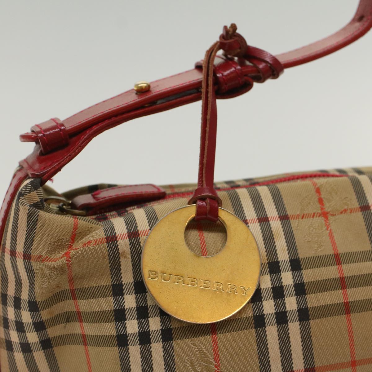 BURBERRY Nova Check Hand Bag Canvas Beige Red Auth 50197