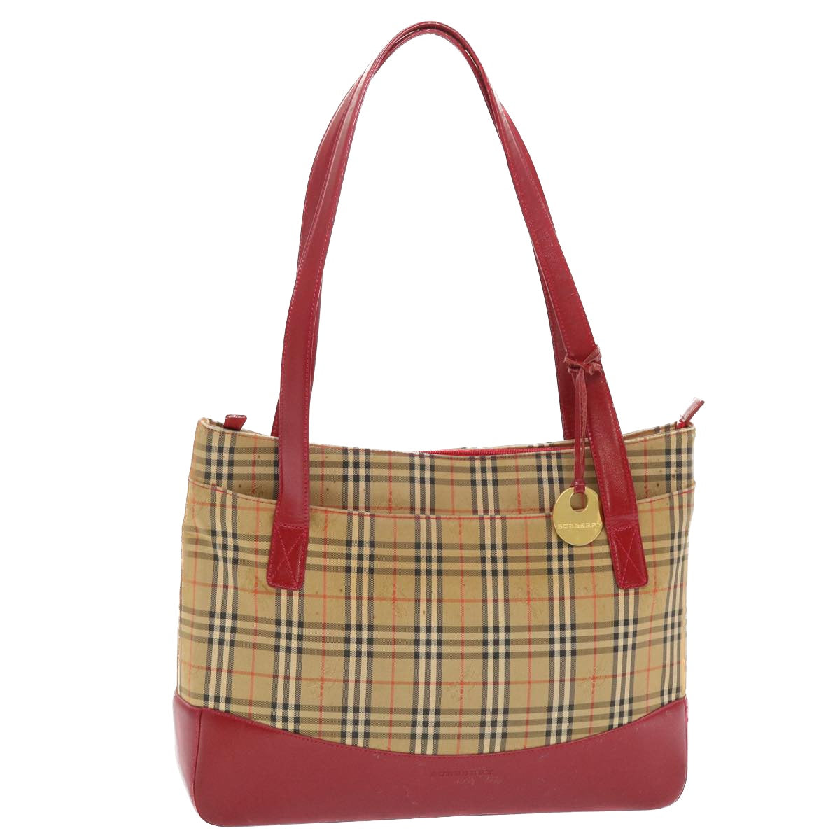 BURBERRY Nova Check Shoulder Bag Canvas Beige Red Auth 50202