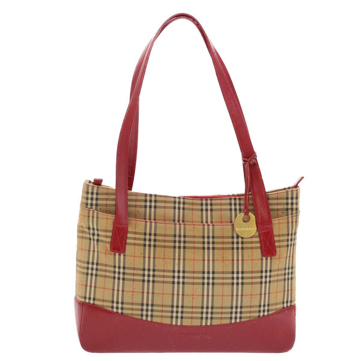 BURBERRY Nova Check Shoulder Bag Canvas Beige Red Auth 50202