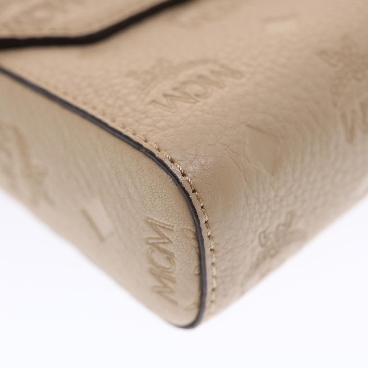 MCM Vicetos Logogram Chain Shoulder Bag Leather Beige Auth 50265