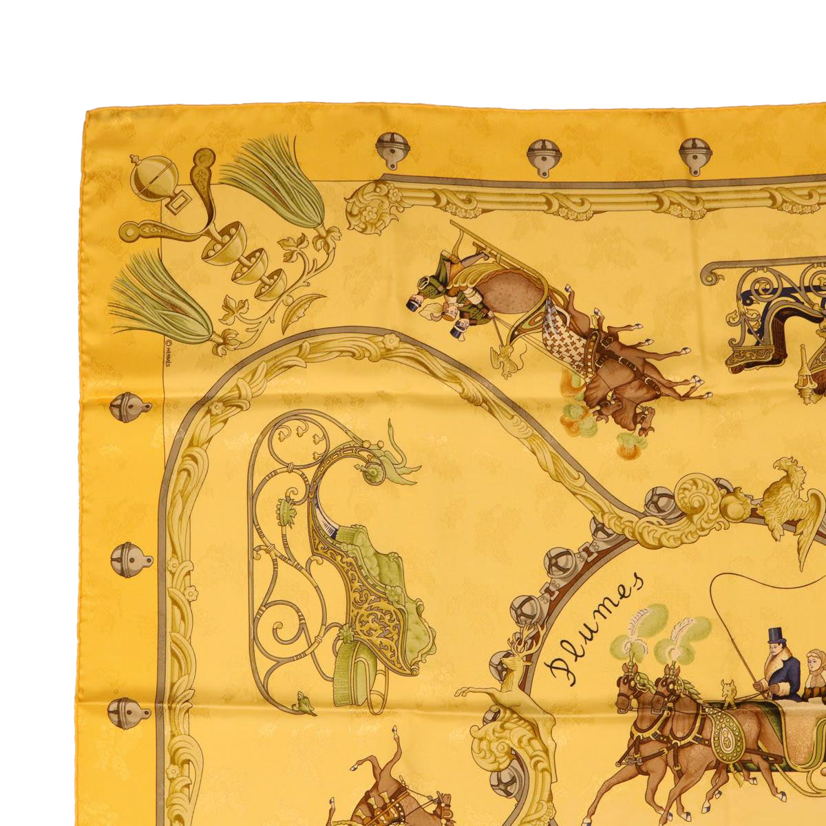 HERMES Carre 90 Scarf ""Plumes et Grelots"" Silk Yellow Auth 50267 - 0