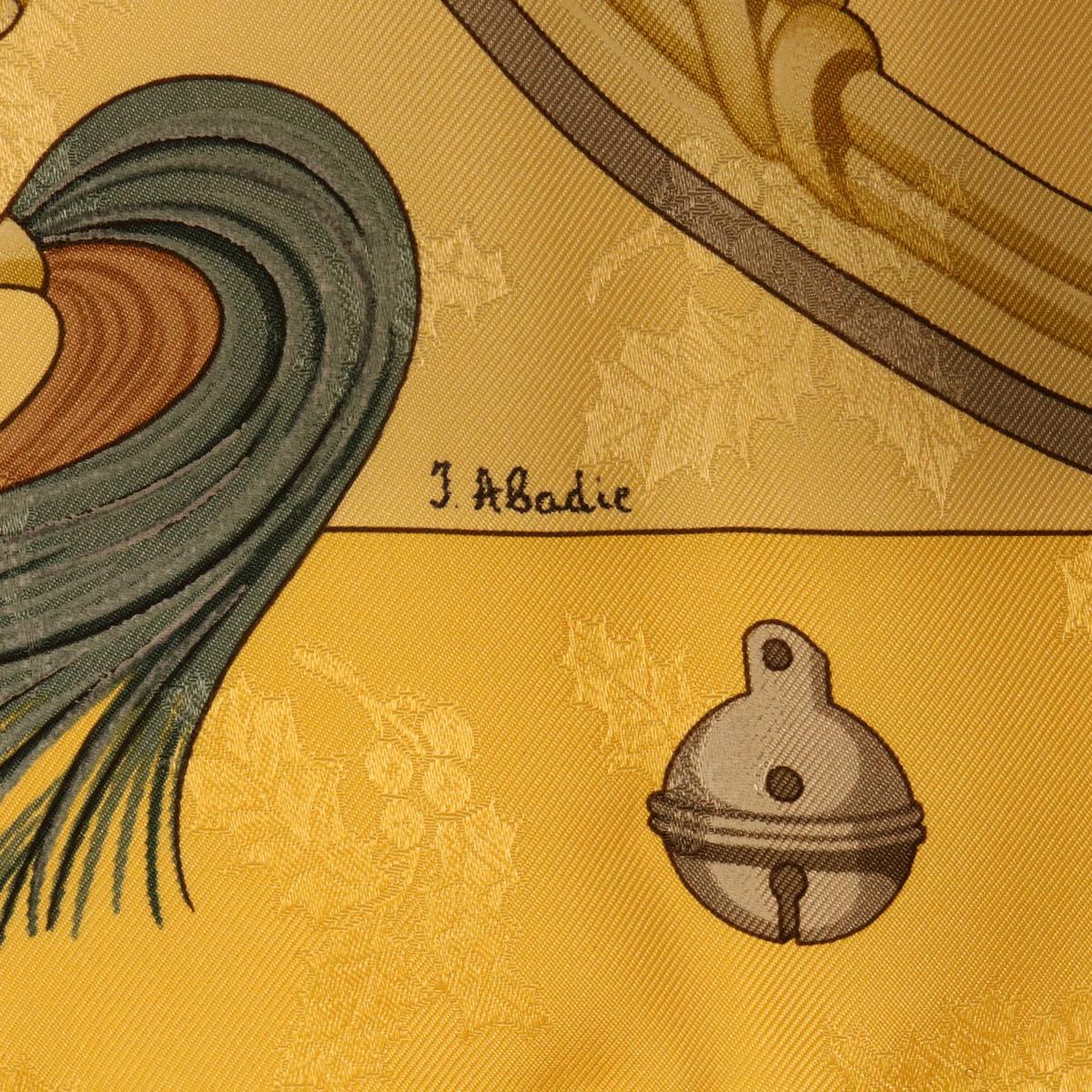 HERMES Carre 90 Scarf ""Plumes et Grelots"" Silk Yellow Auth 50267