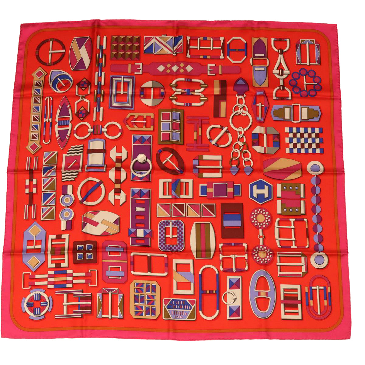 HERMES Carre 90 Scarf ""Boucles et Galons du Tsar"" Silk Red Auth 50270