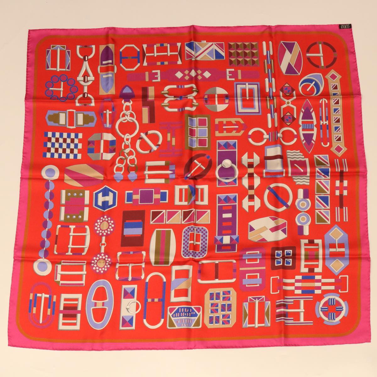 HERMES Carre 90 Scarf ""Boucles et Galons du Tsar"" Silk Red Auth 50270
