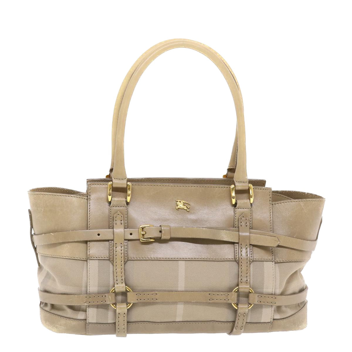 BURBERRY Nova Check Hand Bag Nylon Leather Beige Auth 50273